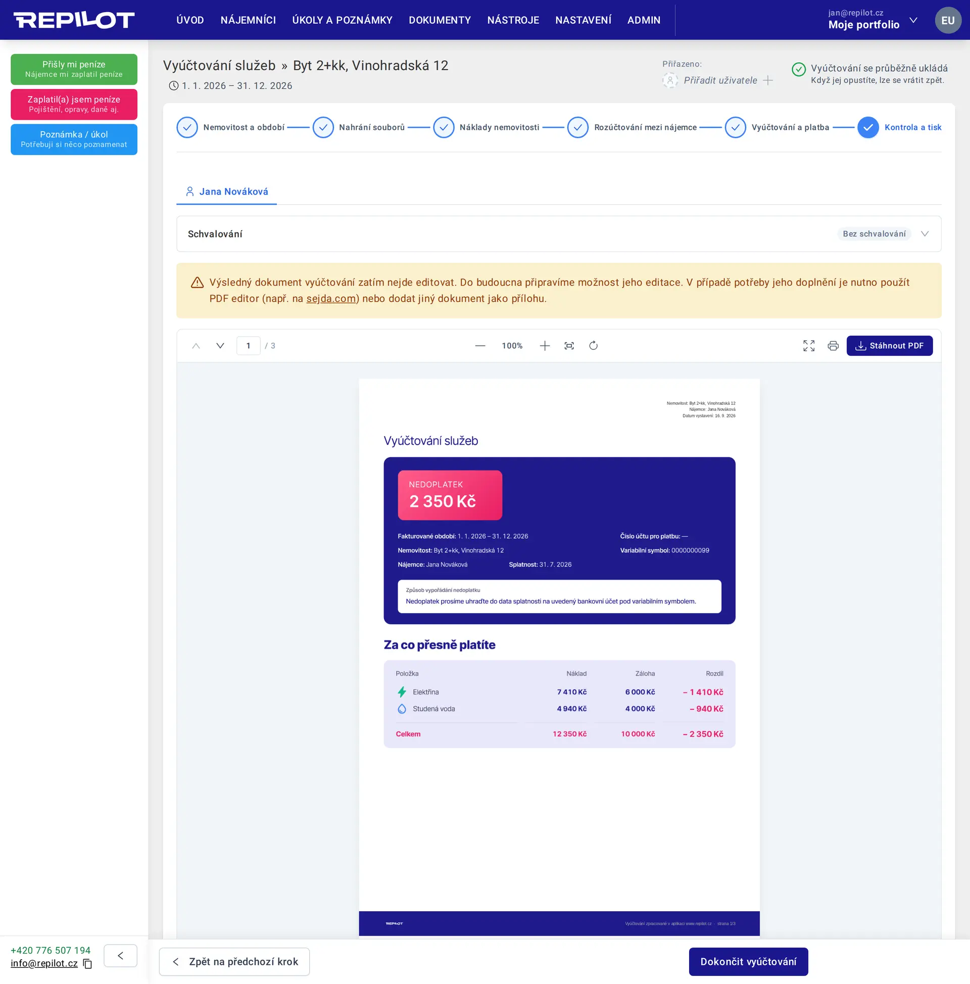 Utility billing wizard — recap step with the generated PDF statement